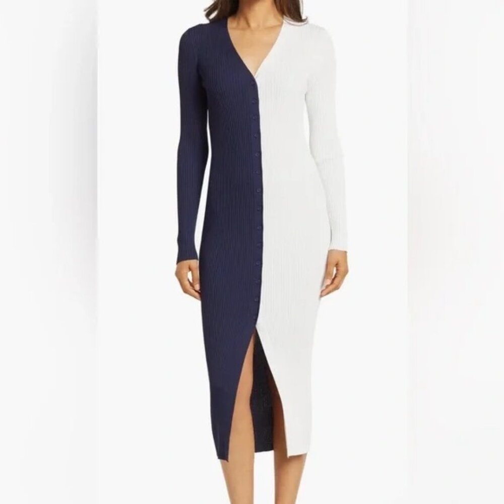 BLUE AND WHITE SWEATER DRESS ] STAUD